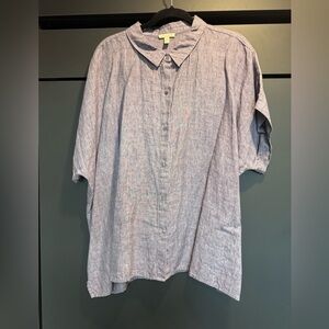 Eileen Fisher Organic Linen Purple Short Sleeve Button Shirt